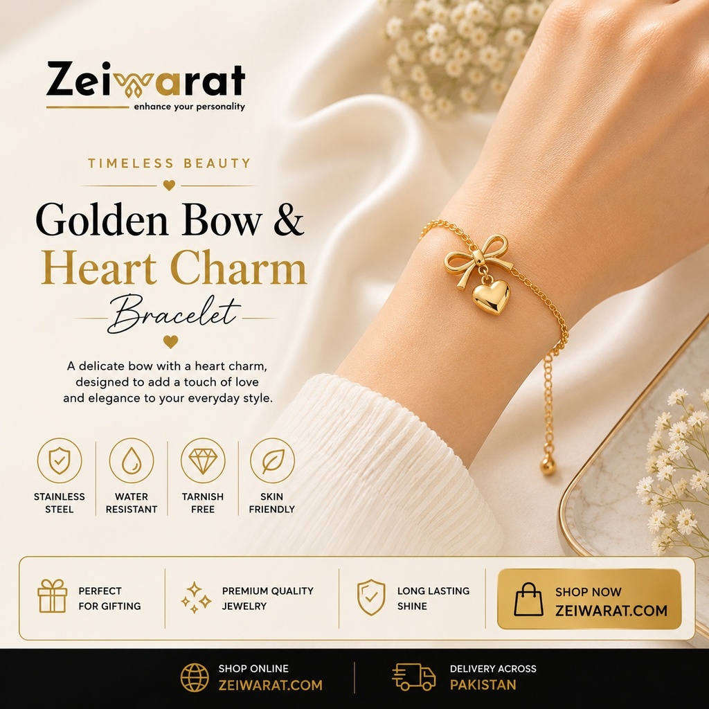 Golden Bow & Heart Charm Bracelet