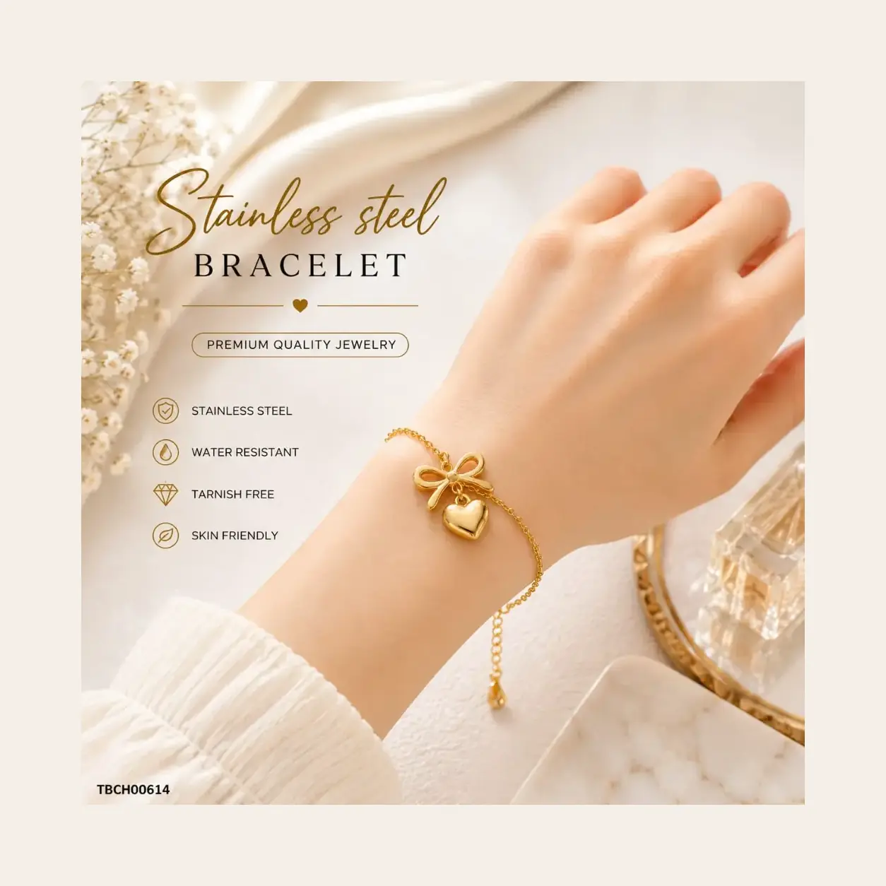 Golden Bow & Heart Charm Bracelet