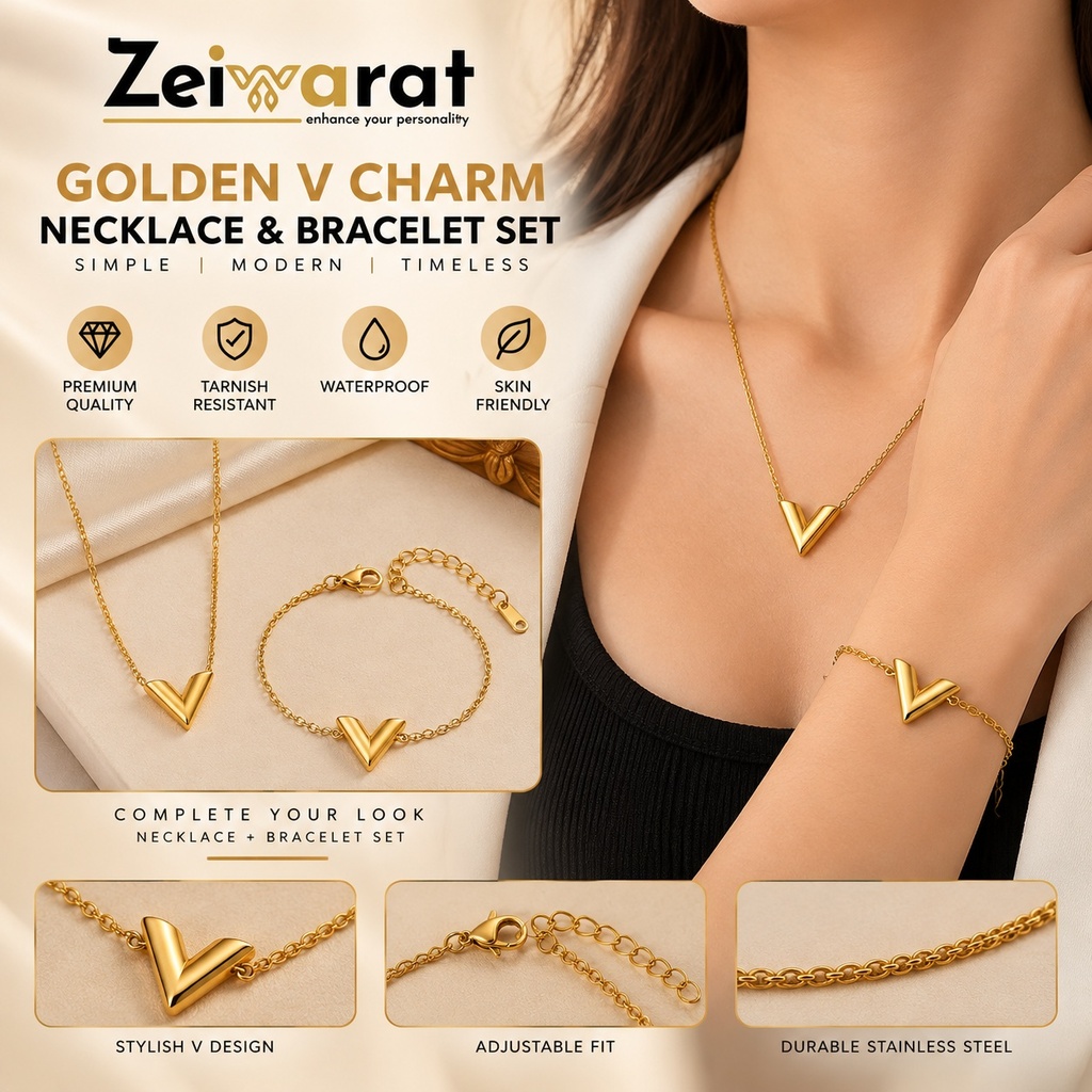 Golden V Charm Necklace & Bracelet Set