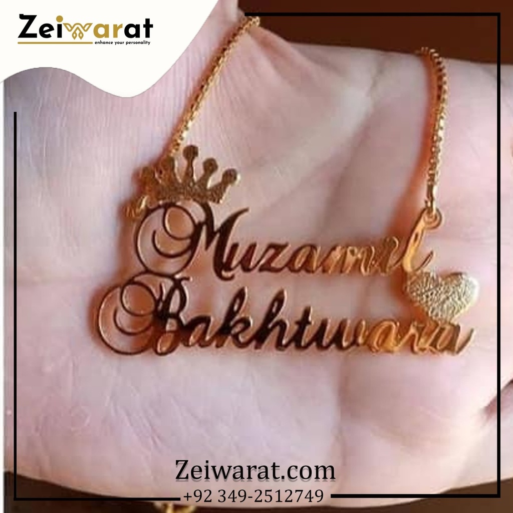 Nuzamol Pakhtwana Crown Couple Name Necklace (Golden)