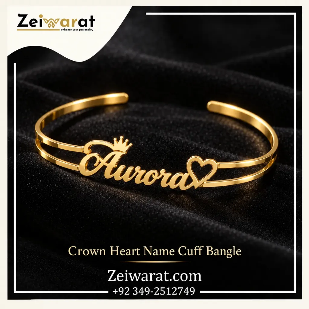 Crown Heart Name Cuff Bangle